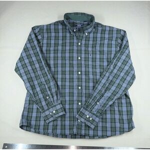 IZOD Premium Essentials Men's L Regular Plaid LS Button-Down Cotton Green Blue
